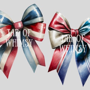 May include: Two watercolor painted bows with red, white, and blue stripes. The bows are tied with a knot in the center. The text "JAR OF WHIMSY" is written in white on the bows.