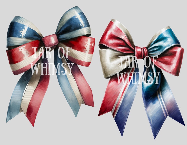 May include: Two watercolor painted bows with red, white, and blue stripes. The bows are tied with a knot in the center. The text "JAR OF WHIMSY" is written in white on the bows.
