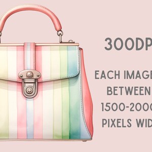 May include: A striped handbag with a pink, green, blue, and white color scheme. The handbag has a silver clasp and a pink handle.
