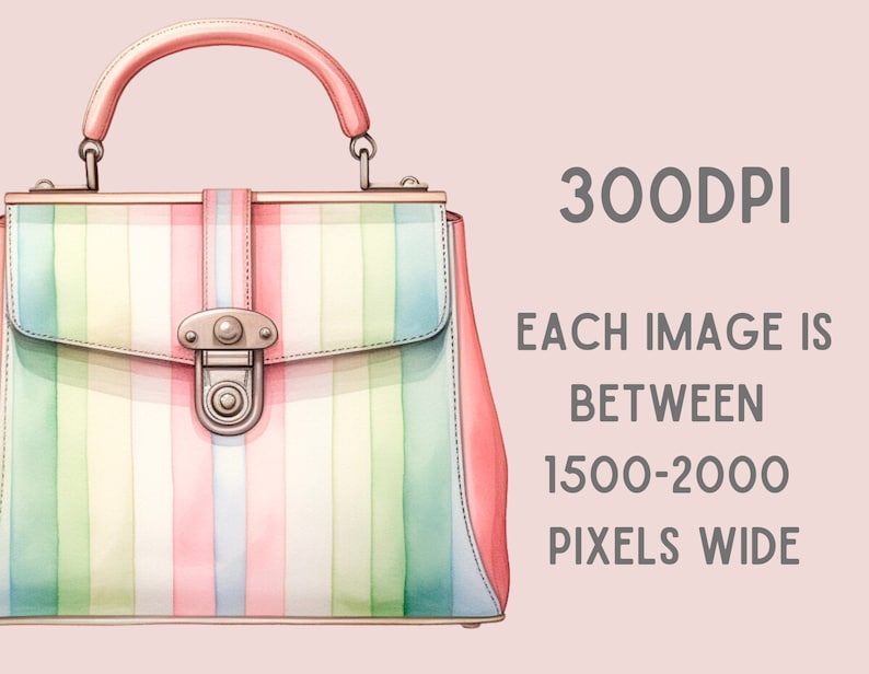 May include: A striped handbag with a pink, green, blue, and white color scheme. The handbag has a silver clasp and a pink handle.