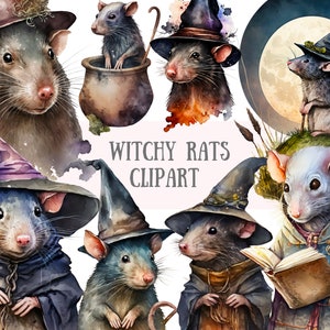 May include: Watercolor illustration of eight witchy rats wearing pointy hats and robes. The rats are holding various props, including a cauldron, a book, and a staff. The background features a full moon and a grassy field.