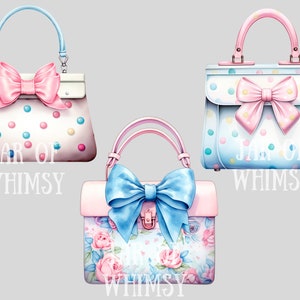 May include: Three different styles of handbags with a whimsical design. Each handbag features a large bow and a polka dot pattern. The text "Jar of Whimsy" is printed on each bag.