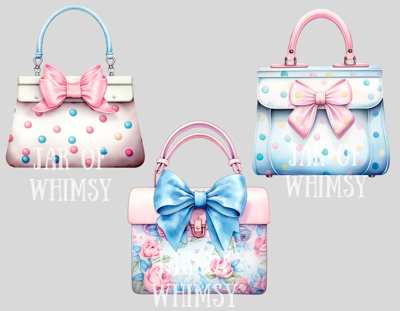 May include: Three different styles of handbags with a whimsical design. Each handbag features a large bow and a polka dot pattern. The text "Jar of Whimsy" is printed on each bag.