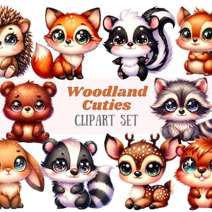 Aquarell Waldtier Clipart Kawaii Waldtiere PNG Digitalbild Download für Kartenherstellung Scrapbook Junk Journal Papierhandwerk