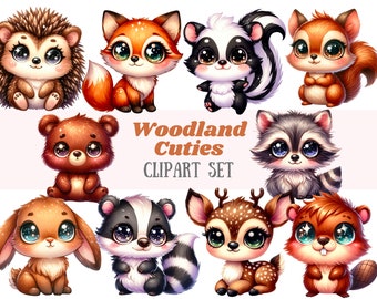 May include: A set of ten adorable woodland animal illustrations, including a hedgehog, fox, skunk, squirrel, bear, raccoon, bunny, badger, deer, and beaver. Each animal is depicted in a cartoon style with large eyes and a cute expression. The illustrations are perfect for use in children's books, crafts, or other creative projects.