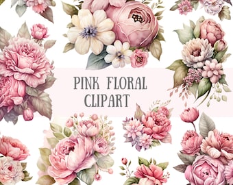 Watercolour Pink Floral Clipart Rose Bouquet PNG Digital Image Downloads for Card Making Scrapbook Junk Journal Paper Crafts