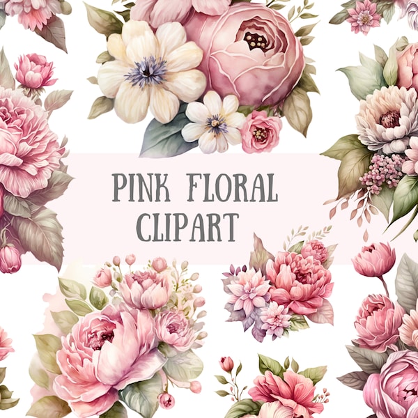 Watercolour Pink Floral Clipart Rose Bouquet PNG Digital Image Downloads for Card Making Scrapbook Junk Journal Paper Crafts