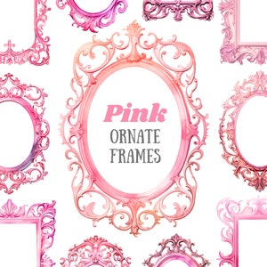 Aquarell rosa verzierten Rahmen Clipart Barock Rahmen PNG digitale Bild-Downloads für die Kartenherstellung Scrapbooking Junk Journal Papierhandwerk