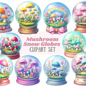 Aquarelle champignon boule à neige Clipart mignon Snowdome PNG téléchargements d'images numériques pour la fabrication de cartes Scrapbook Junk Journal travaux manuels en papier
