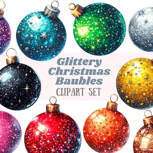 Aquarela Natal Glitter Bauble Clipart Enfeites de Árvore PNG Downloads de Imagem Digital para Fazer Cartões Scrapbook Diário de Lixo Papel Artesanato