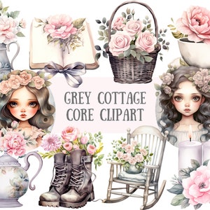 Acuarela Gris Cottage Core Clipart Shabby Chic Cottage PNG Descargas de imágenes digitales para la fabricación de tarjetas Scrapbook Junk Journal Paper Crafts