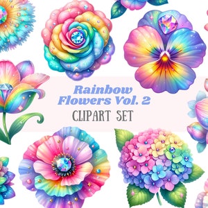 Aquarelle fleurs arc-en-ciel Clipart printemps fleurs éléments PNG Image numérique à télécharger pour la fabrication de cartes Scrapbook Junk Journal travaux manuels en papier
