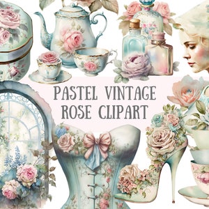 Aquarell Pastell Vintage Rose Clipart - Vintage Lady PNG digitale Bild-Downloads für die Kartenherstellung, Scrapbook, Junk Journal, Papierhandwerk