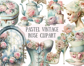Watercolour Pastel Vintage Rose Clipart - Vintage Lady PNG Digital Image Downloads for Card Making, Scrapbook, Junk Journal, Paper Crafts