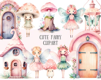 May include: Watercolor clipart set featuring cute fairies, mushroom houses, and a lantern with a butterfly. The set includes pink, blue, and green colors and is perfect for adding a whimsical touch to your projects.