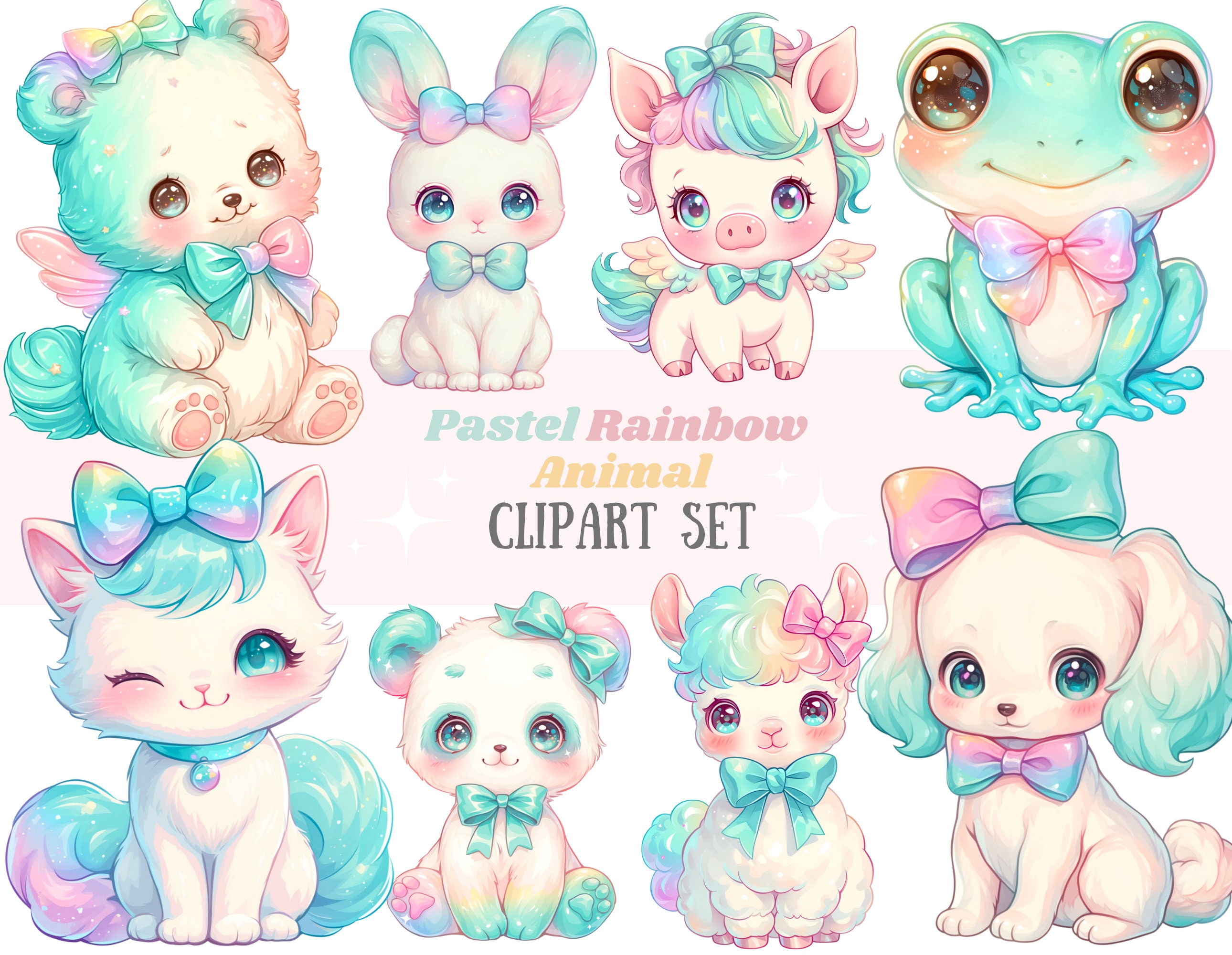 Watercolour Pastel Rainbow Animal Clipart Kawaii Animals PNG Digital ...