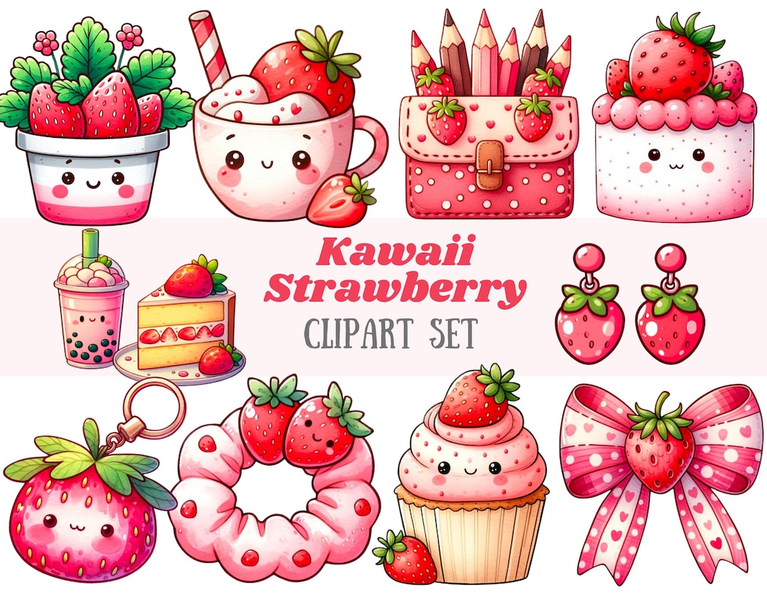 Watercolour Kawaii Strawberry Clipart Cute Chibi Strawberry PNG Digital ...