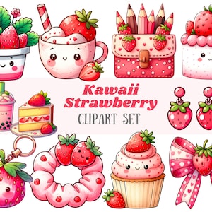 Acquerello Kawaii Fragola Clipart Carino Chibi Fragola PNG Immagine Digitale Download per Card Making Scrapbook Junk Journal Paper Crafts