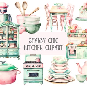 Watercolour Shabby Chic Kitchen Clipart Retro Baking PNG Digital Image Downloads for Card Making Scrapbook Junk Journal Paper Crafts