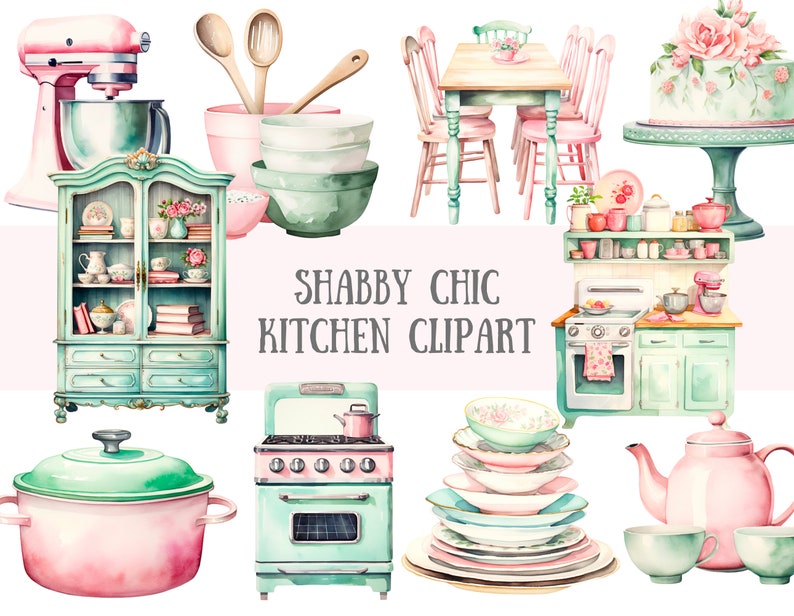 Pu&ograve; includere: Illustrazioni ad acquerello di articoli da cucina in stile shabby chic, tra cui un mobile vintage, un'impastatrice, una torta, una teiera, una stufa, un set di ciotole, una pentola, un set di piatti e un tavolo con sedie. Il testo "Shabby Chic Kitchen Clipart" &egrave; scritto al centro dell'immagine.