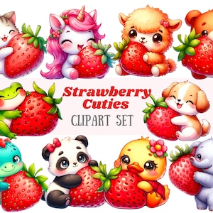 Aquarelle fraise Animal Clipart fraise mignonne PNG Image numérique à télécharger pour la fabrication de cartes Scrapbook Junk Journal artisanat en papier