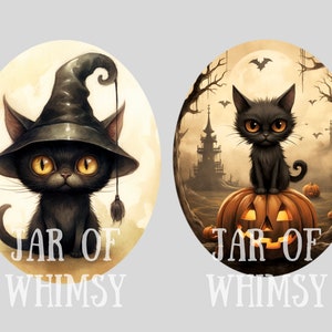 May include: Two illustrations of black cats with yellow eyes. The first cat is wearing a witch's hat and the second cat is sitting on a jack-o-lantern. Both images have the text "JAR OF WHIMSY" at the bottom.
