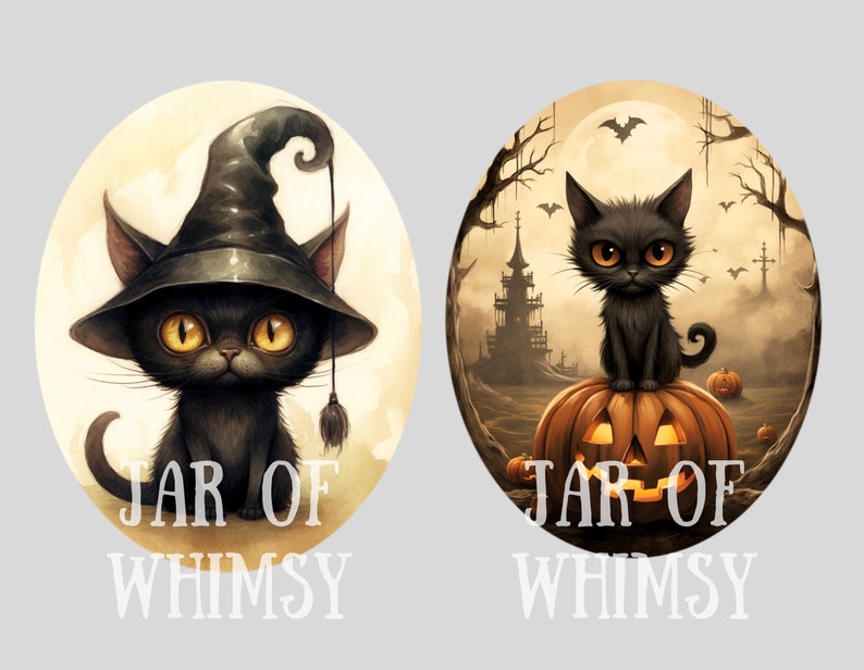 May include: Two illustrations of black cats with yellow eyes. The first cat is wearing a witch's hat and the second cat is sitting on a jack-o-lantern. Both images have the text "JAR OF WHIMSY" at the bottom.