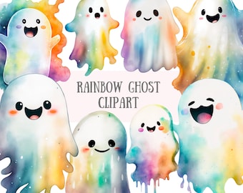 Watercolour Kawaii Ghost Clipart Rainbow Halloween PNG Digital Image Downloads for Card Making Scrapbook Junk Journal Paper Crafts