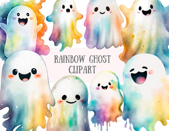 Watercolour Kawaii Ghost Clipart Rainbow Halloween PNG Digital Image Downloads for Card Making Scrapbook Junk Journal Paper Crafts