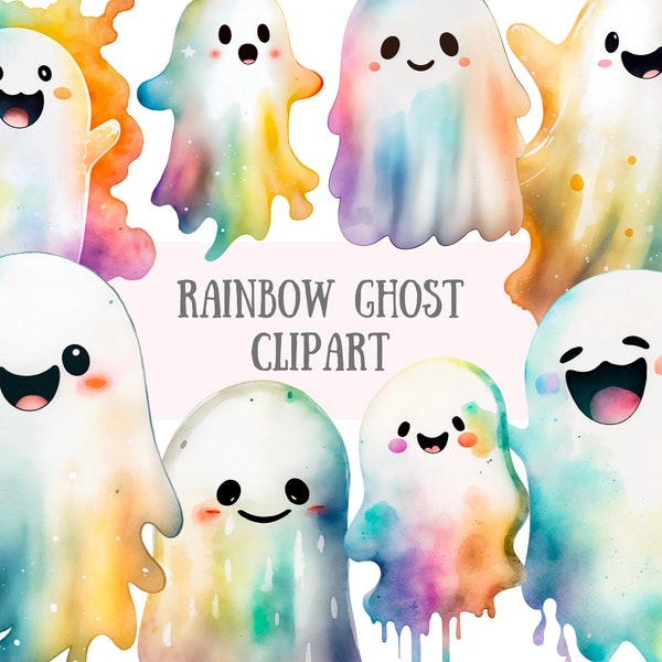Watercolour Kawaii Ghost Clipart Rainbow Halloween PNG Digital Image Downloads for Card Making Scrapbook Junk Journal Paper Crafts