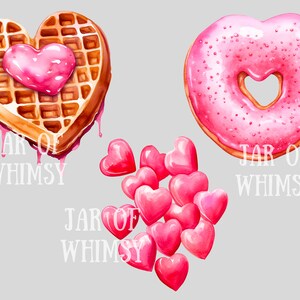 May include: A watercolor illustration of a heart-shaped waffle with pink icing, a heart-shaped donut with pink icing, and a pile of pink heart-shaped candies. The text "JAR OF WHIMSY" appears three times in the image.
