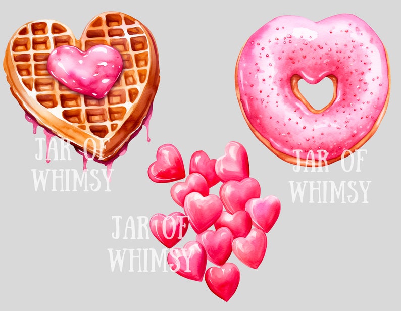 May include: A watercolor illustration of a heart-shaped waffle with pink icing, a heart-shaped donut with pink icing, and a pile of pink heart-shaped candies. The text "JAR OF WHIMSY" appears three times in the image.