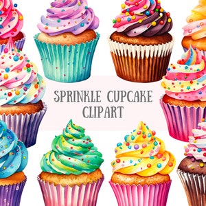 Aquarell Sprinkle Cupcake Clipart Geburtstagskuchen PNG digitale Bild-Downloads für die Kartenherstellung Scrapbook Junk Journal Papierhandwerk