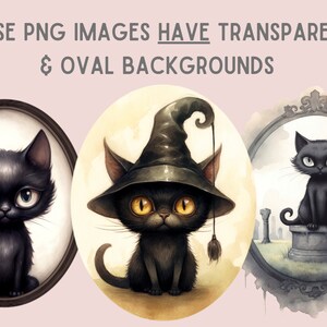 May include: Three digital illustrations of black cats with oval backgrounds. The first cat is in a simple oval frame. The second cat is wearing a witch's hat and has a yellow eye. The third cat is standing on a stone pedestal in a graveyard setting.
