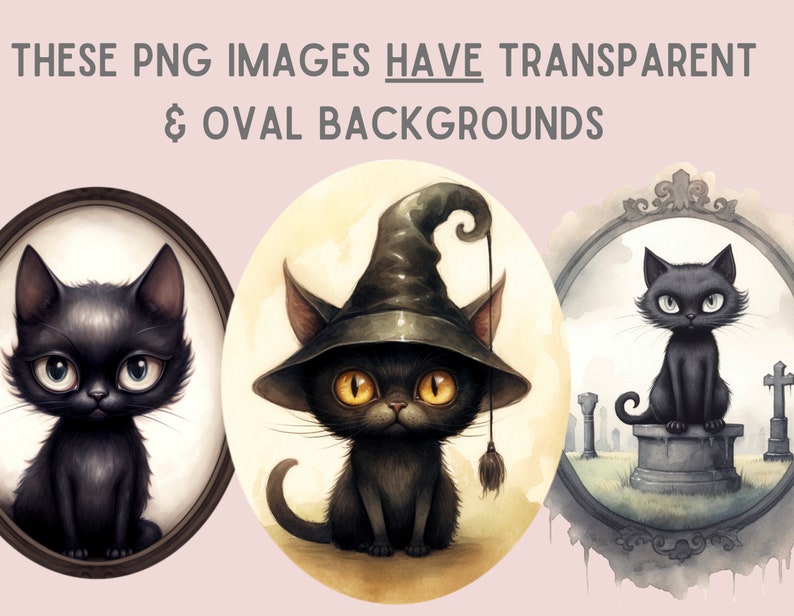 May include: Three digital illustrations of black cats with oval backgrounds. The first cat is in a simple oval frame. The second cat is wearing a witch's hat and has a yellow eye. The third cat is standing on a stone pedestal in a graveyard setting.
