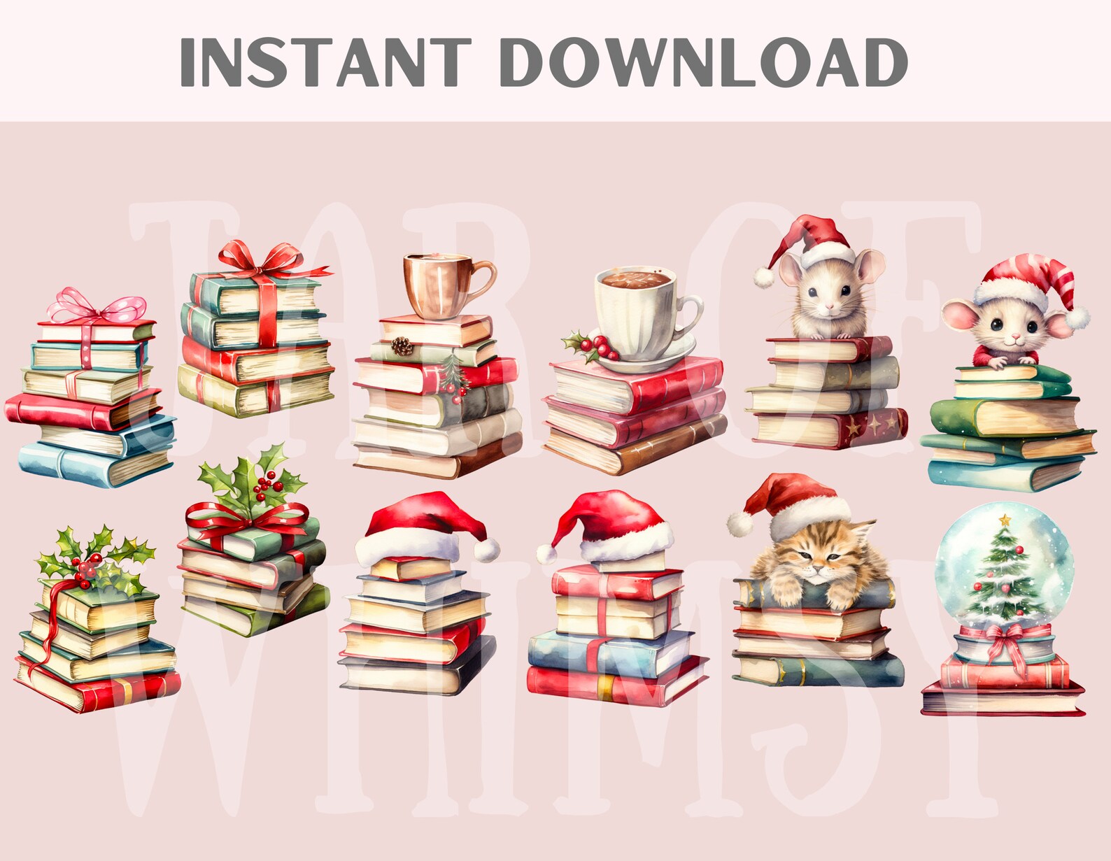Watercolour Christmas Book Stack Clipart Holiday Book Lover PNG Digital ...