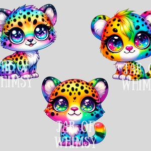 Puede incluir: Tres cachorros de guepardo arco&iacute;ris de dibujos animados con ojos brillantes. Cada cachorro tiene una pose diferente y presenta un patr&oacute;n de manchas negras y amarillas. Los cachorros est&aacute;n rodeados del texto "Jar of Whimsy".
