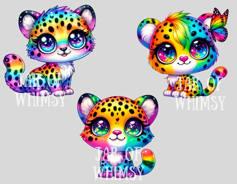 Puede incluir: Tres cachorros de guepardo arco&iacute;ris de dibujos animados con ojos brillantes. Cada cachorro tiene una pose diferente y presenta un patr&oacute;n de manchas negras y amarillas. Los cachorros est&aacute;n rodeados del texto "Jar of Whimsy".