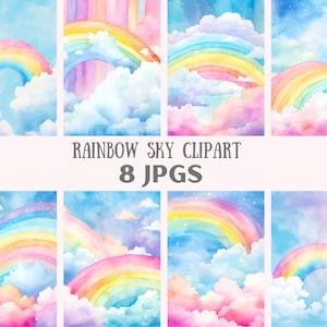 Aquarel Rainbow Sky Clipart JPG Digitale afbeeldingsdownloads voor kaarten maken Scrapbook Junk Journal Paper Crafts