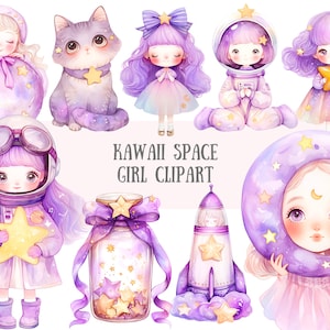 Acuarela Kawaii Space Girl Clipart Chibi Anime Galaxy Girl PNG Descarga de imagen digital para hacer tarjetas Scrapbook Junk Journal Paper Crafts
