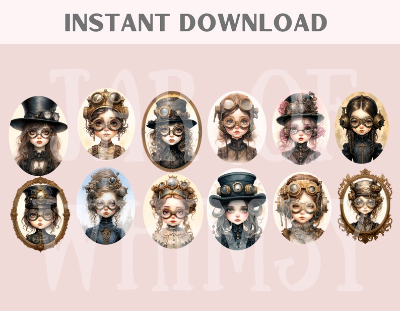 Watercolour Whimsical Steampunk Girl Clipart Gothic Fashion PNG Digital Image Downloads for Card Making Scrapbook Junk Journal Paper Craft image 2