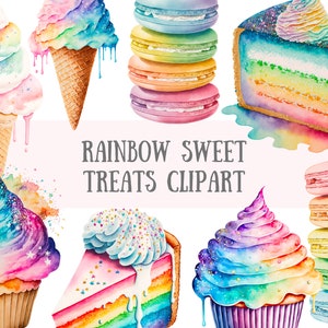 Aquarel regenboog zoete lekkernijen clipart - cake macarons png digitale afbeelding downloads voor het maken van kaarten, plakboek, ongewenste dagboek, papier ambachten