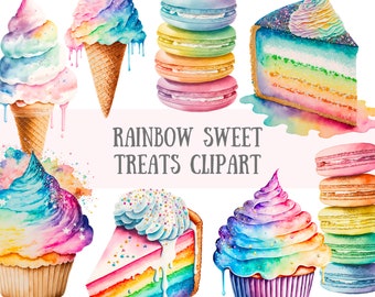 Watercolour Rainbow Sweet Treats Clipart - Cake Macarons PNG Digital Image Downloads for Card Making, Scrapbook, Junk Journal, Paper Crafts