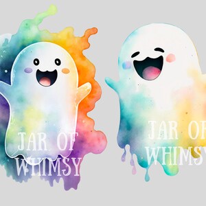 May include: Two watercolor ghosts with rainbow colors and the text "JAR OF WHIMSY" on each.