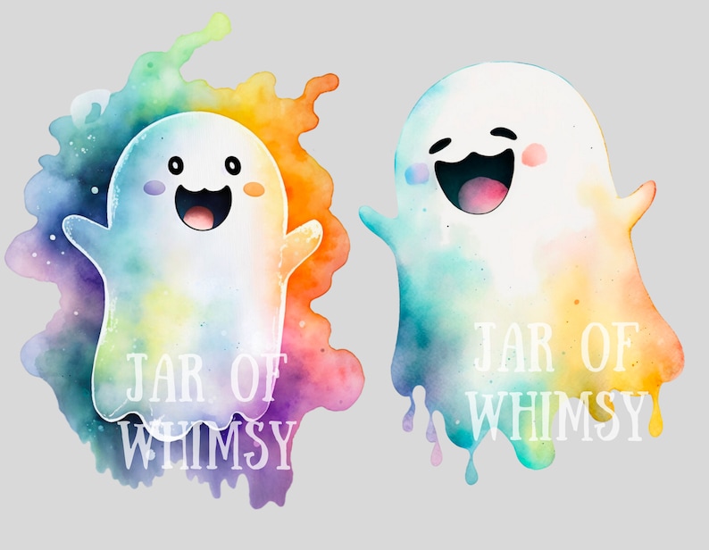 May include: Two watercolor ghosts with rainbow colors and the text "JAR OF WHIMSY" on each.