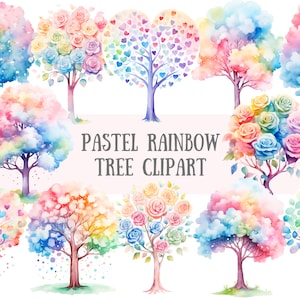 Aquarelle pastel arc-en-ciel arbre Clipart Fantasy Forest PNG Image numérique à télécharger pour la fabrication de cartes Scrapbook Junk Journal travaux manuels en papier