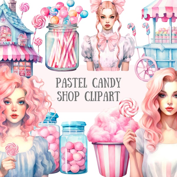 Watercolour Pastel Candy Shop Clipart Candy Store Lollipop PNG Digital Image Downloads for Card Making Scrapbook Junk Journal Paper Crafts