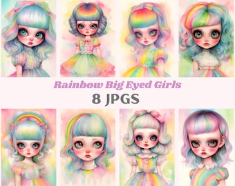May include: Eight digital illustrations of girls with large eyes and rainbow-colored hair. Each girl is wearing a dress with a rainbow pattern. The title "Rainbow Big Eyed Girls 8 JPGS" is displayed below the images.