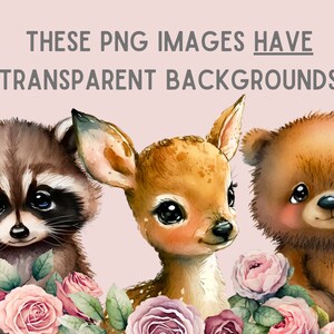 May include: A watercolor illustration of a raccoon, a deer, and a bear with pink roses. The animals are looking at the viewer. The background is a light pink color.
