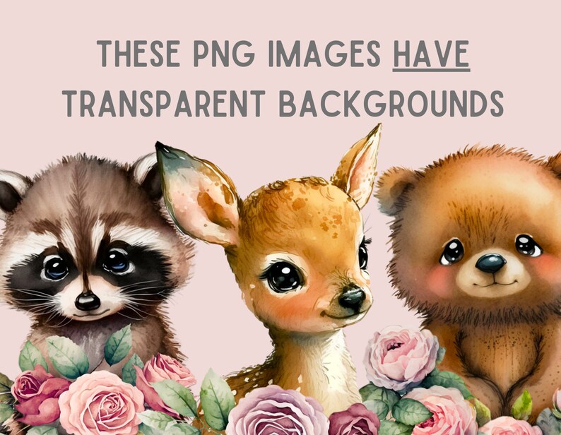 May include: A watercolor illustration of a raccoon, a deer, and a bear with pink roses. The animals are looking at the viewer. The background is a light pink color.